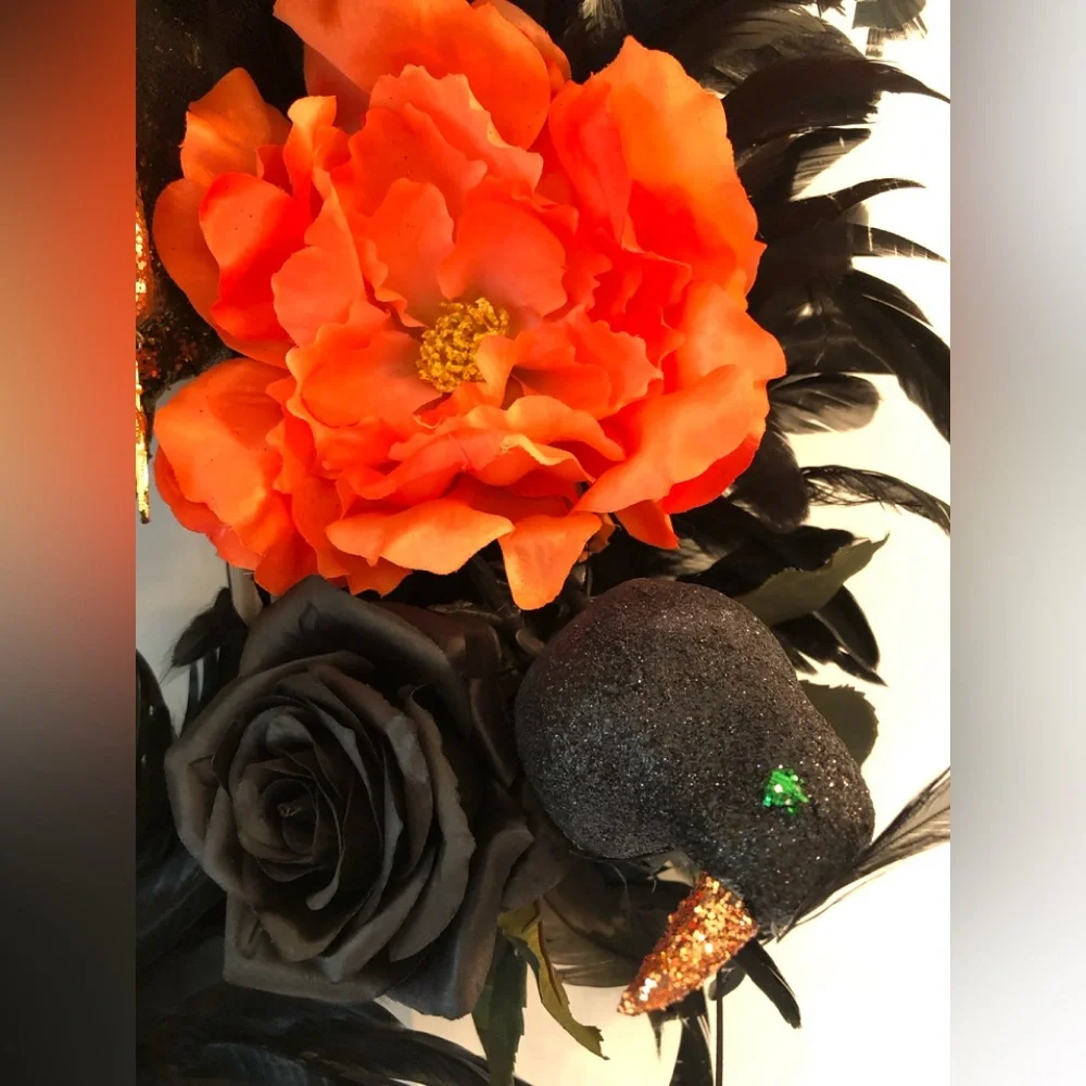 Halloween El Dia de los Muertos black feather wreath skull blackbird flowers 24